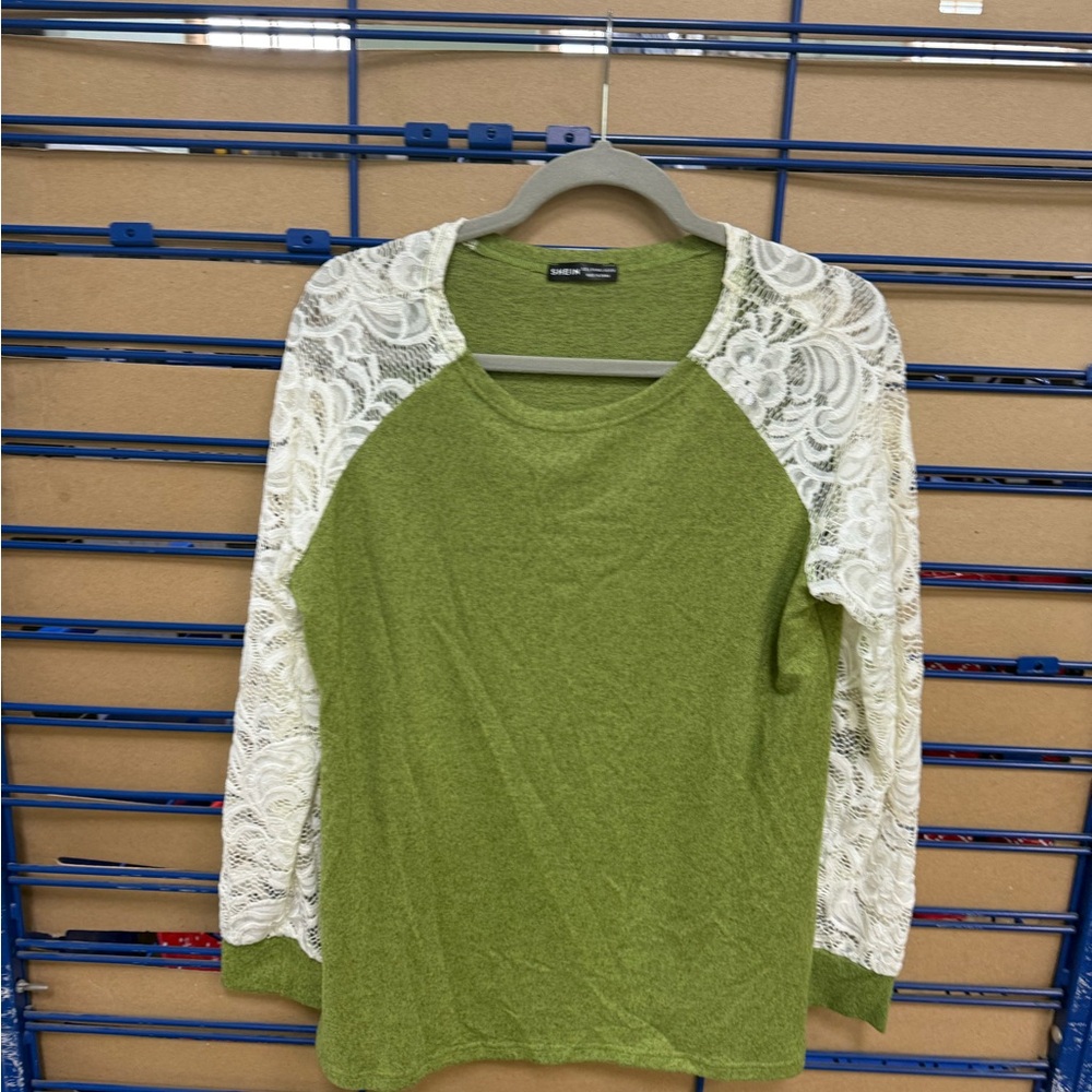 SHEIN Olive Green Blouse with White Lace Sleeves